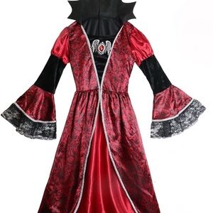 Girls Gothic Vampire Costume Dress Red Black Lace Halloween Size 10-12 Cosplay